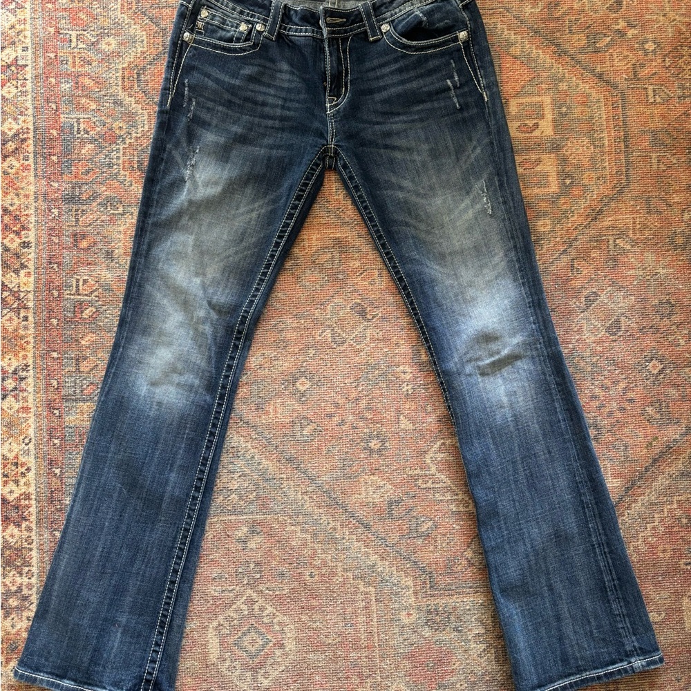 Y2K Miss Me Dark Blue Bootcut Jeans with Faded Whiskering